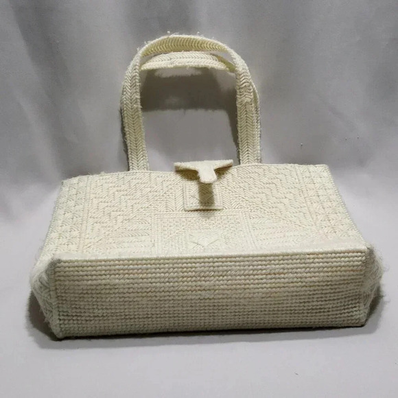 Vintage Needlepoint Plastic Canvas Tote Bag Ivory - Picture 4 of 10
